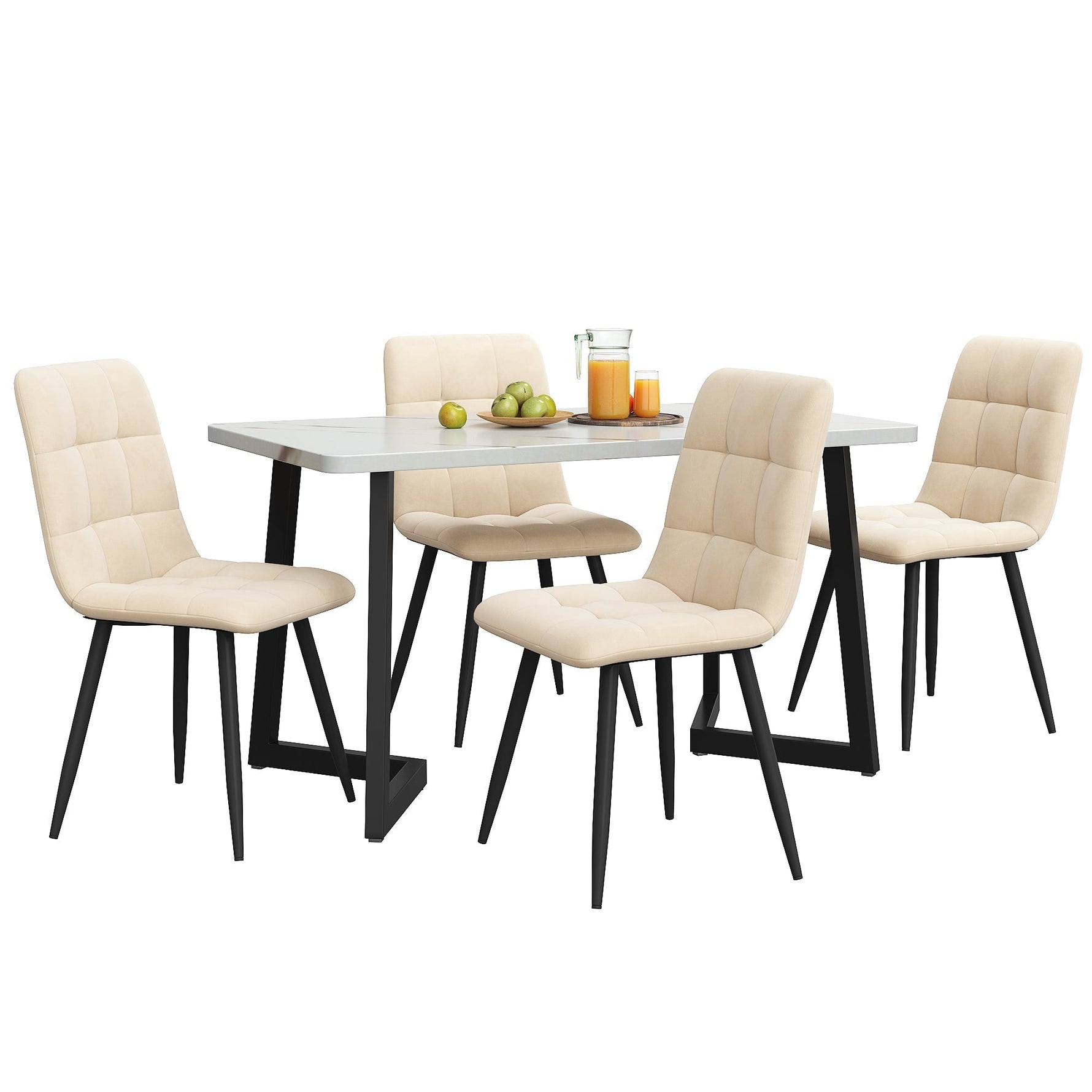 Dining Set 5-Piece 117cm Rectangular Kitchen 4 Chairs Beige Velvet Black