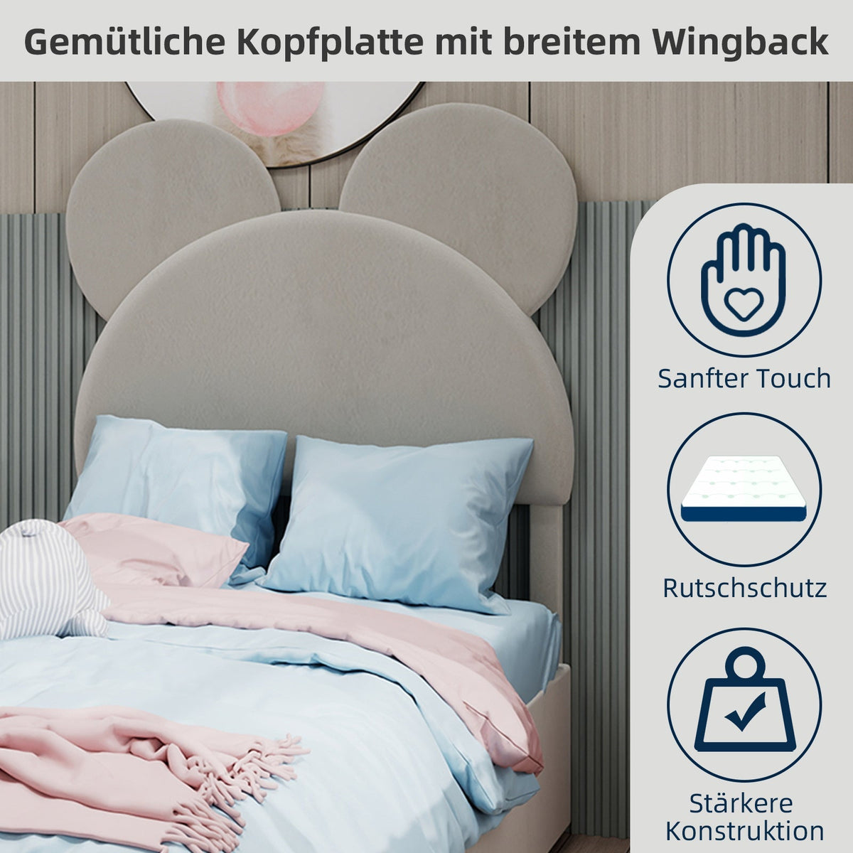 Modern Minimalist Upholstered Bed, Soft Cartoon-Design Headboard, Storage Base, Beige
