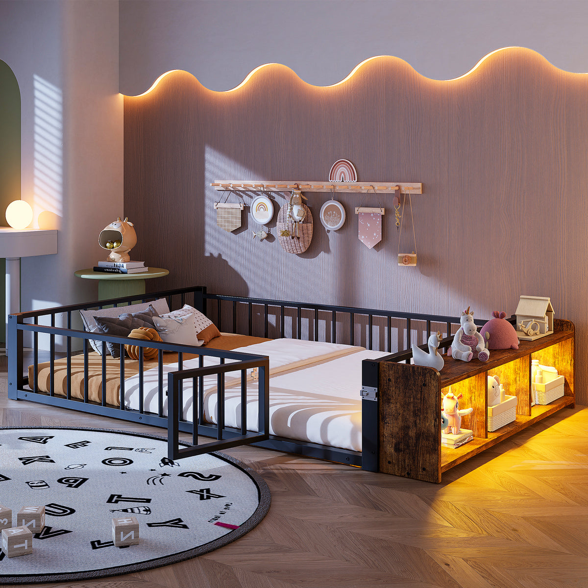 Metal Flatbed 140x200 cm with Lockers & LED Lights, Black