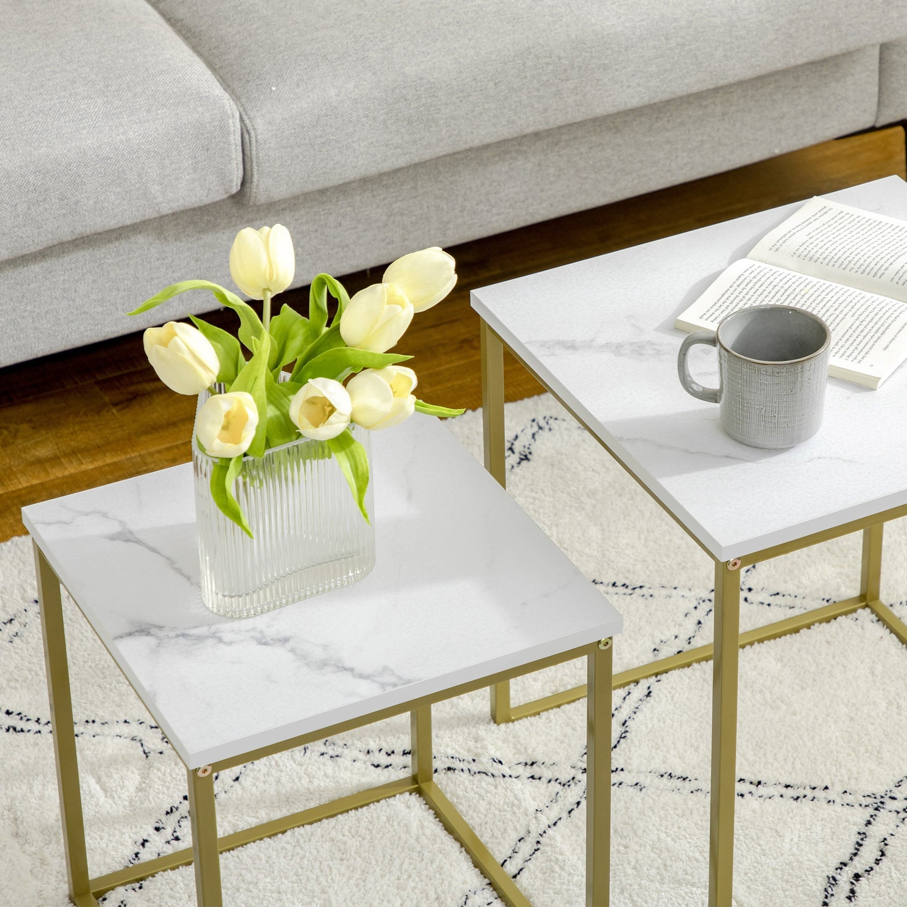 Coffee Table Set, Nesting Side Sofa Tables, Steel Frame, White