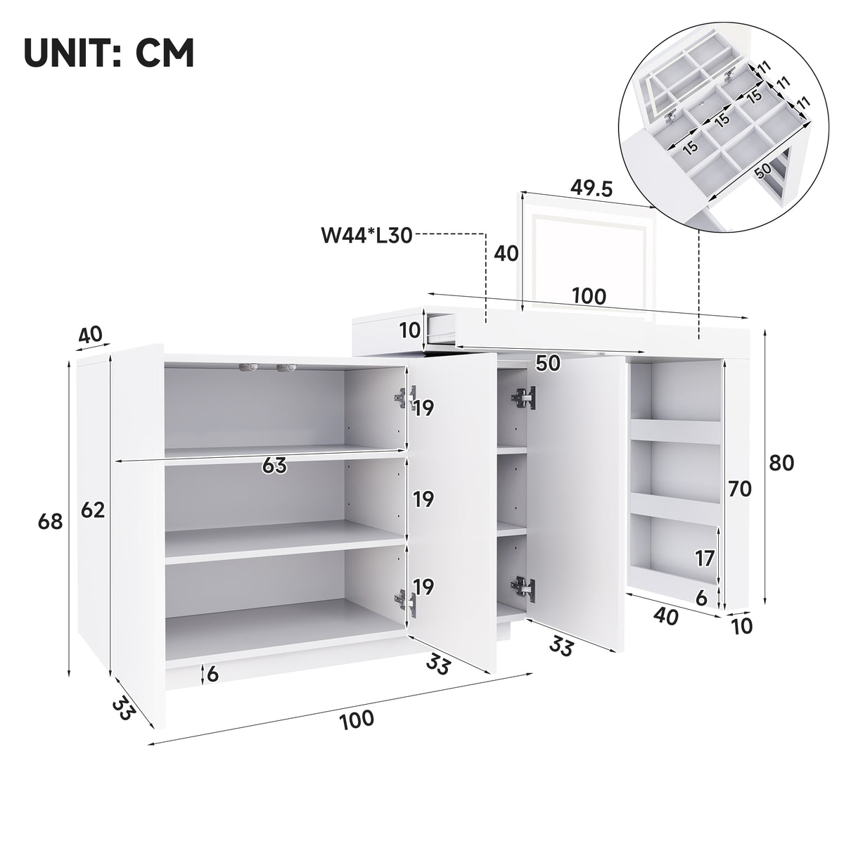 L-Shaped Rotating Vanity Table with LED Lighting, High-Gloss White