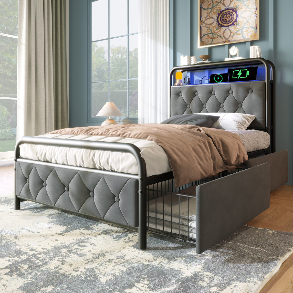 Upholstered Single Bed with USB Type C, LED & 2 Drawers, 90x200, Velvet