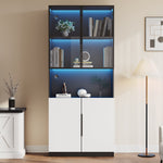 Display Cabinet, Minimalist LED Glass Doors, White with Black Decoration