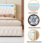 Upholstered Bed 160x200cm, LED Lighting, Hydraulic Storage, Velvet Fabric Beige