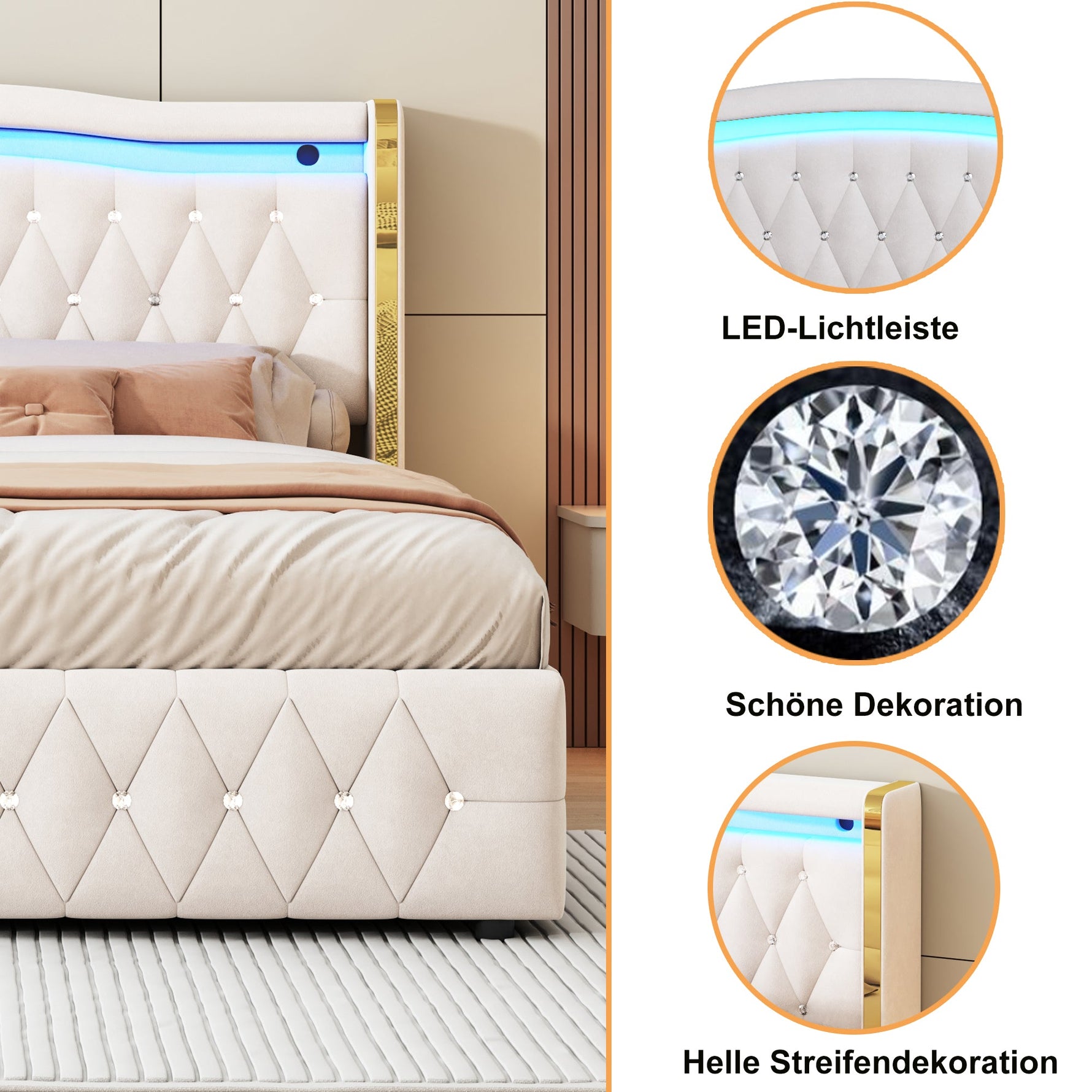 Upholstered Bed 160x200cm, LED Lighting, Hydraulic Storage, Velvet Fabric Beige