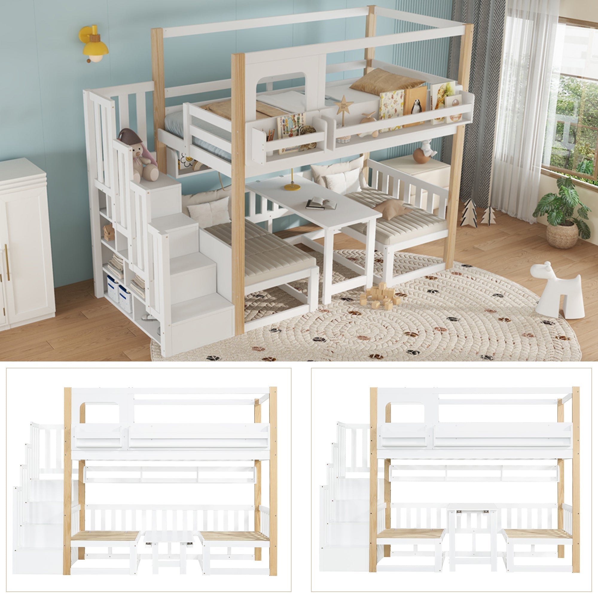 Bunk Bed with Adjustable Table, Bookshelf and Storage Stairs, 90x200cm, White and Natural Pine + MDF