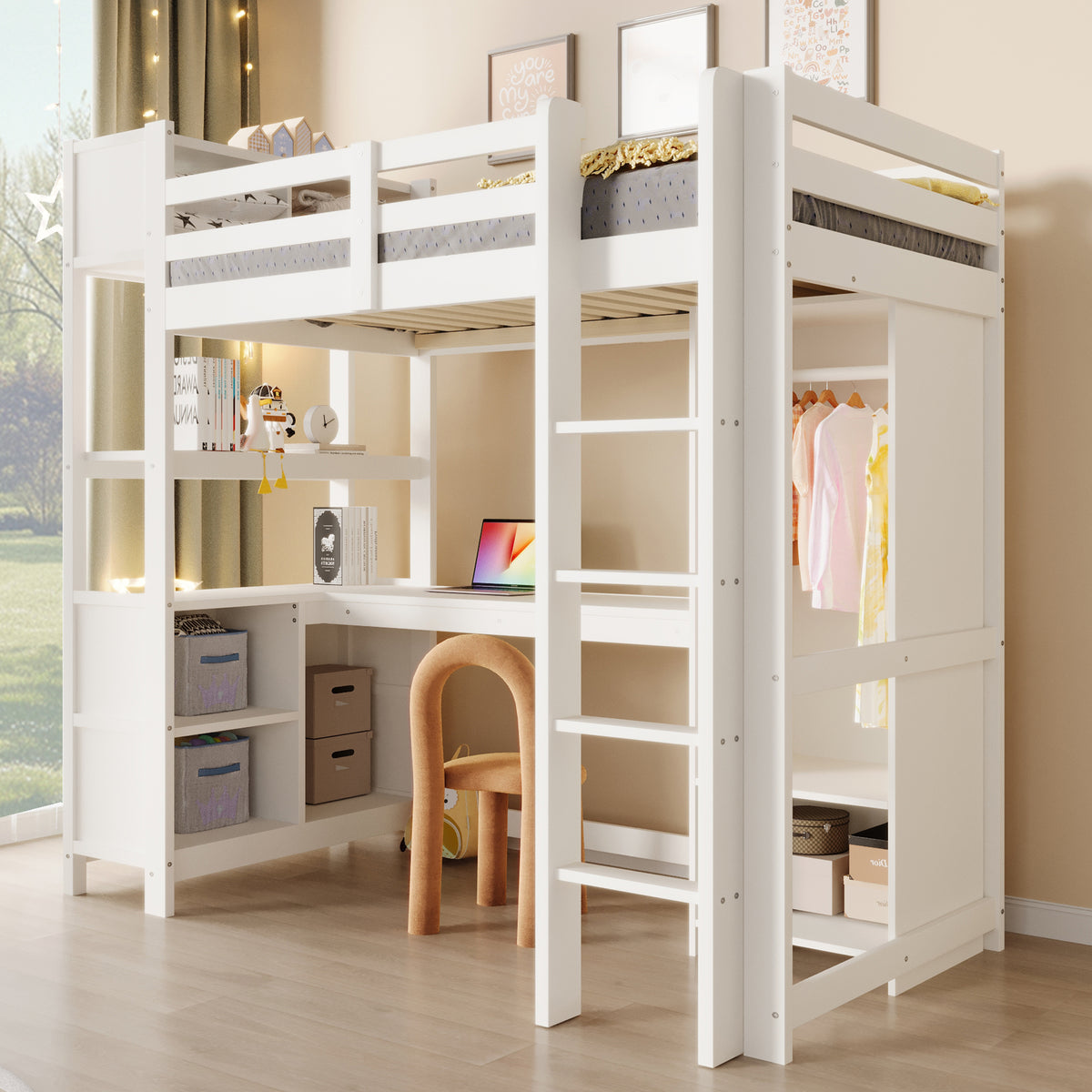 Loft Bed 90x200 cm with Desk, Wardrobe & Storage Shelves, White