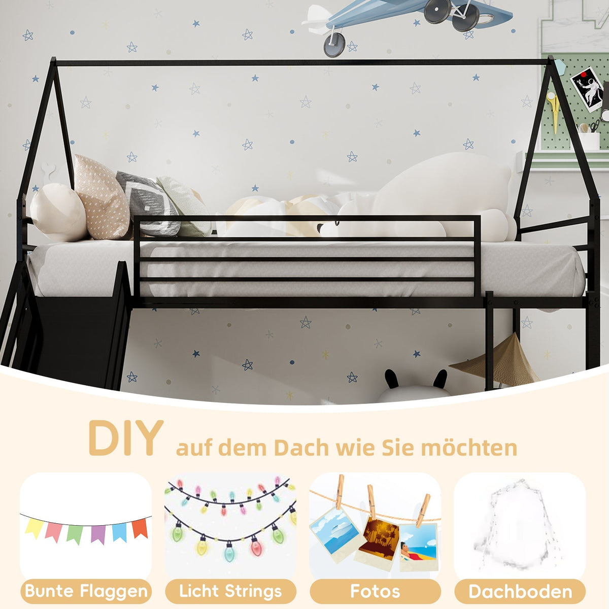 Twin over Twin Bunk Bed with Slide, House Shaped, Metal