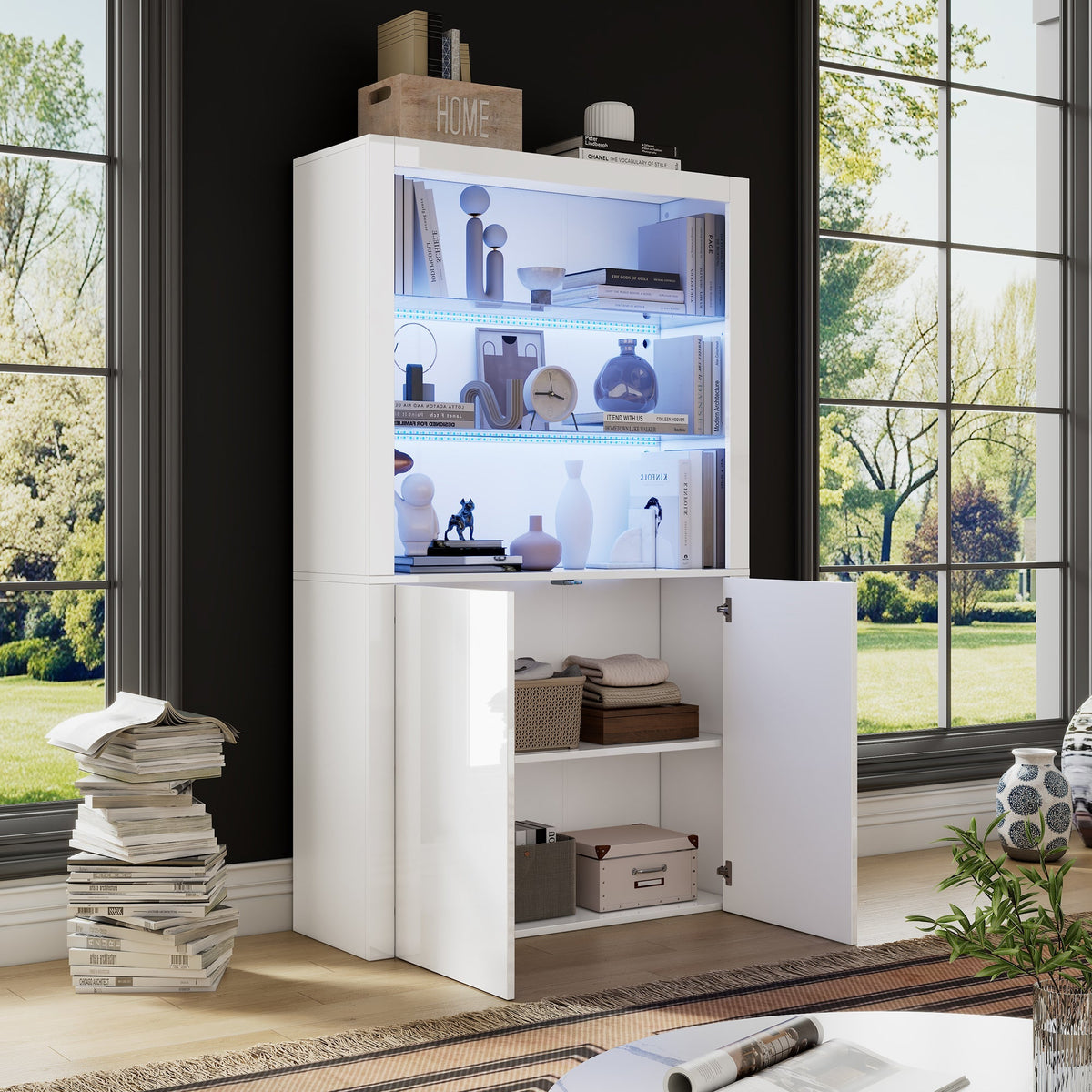 Sofa Sideboard Tall Cabinet, Display Storage with LED Lights, Tempered Glass, 100 x 35 x 170 cm, High-Gloss