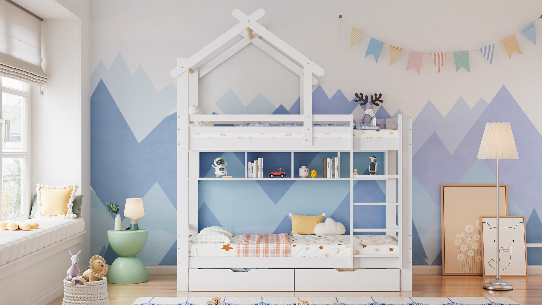 Bunk Bed with Drawers, Shelves & Ladder, Pinewood Frame, White
