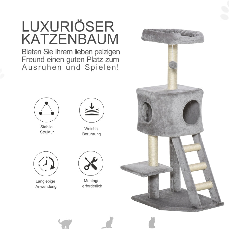 Cat Tree, 120 cm Multi-Level with Cave & Sisal Posts, Light Grey