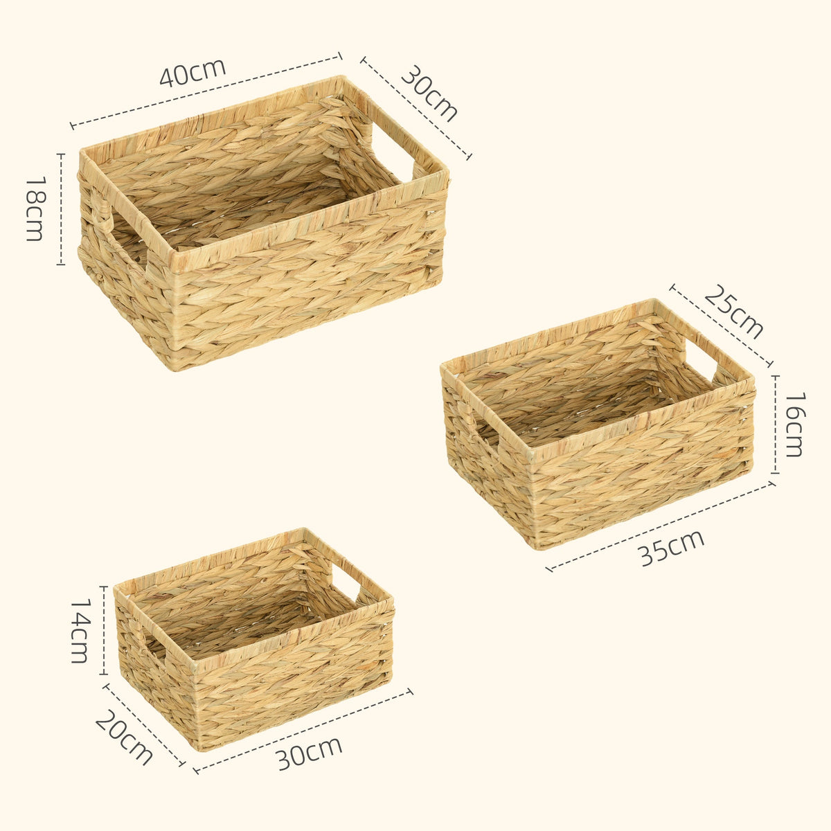 Storage Baskets, Set of 3 Woven Water Hyacinth for Storage and Organization, Natural Wood