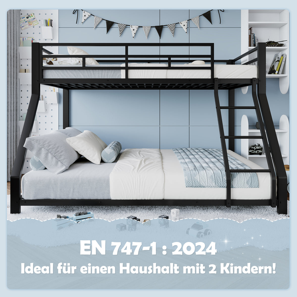 Bunk Bed 90x200 / 140x200 with Railing & Step, Black Metal