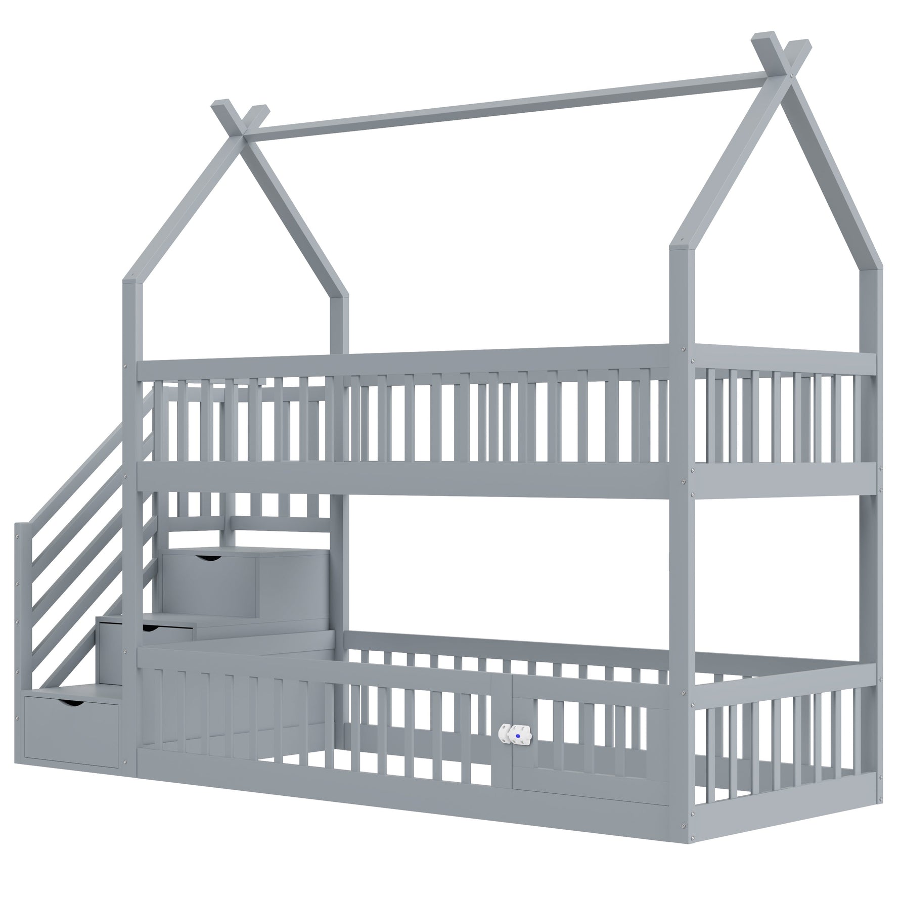 Bunk Bed, 90x200 Children's Single with Roof, Ladder & Storage Drawers, Solid Wood Gray