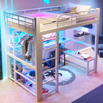 Loft Bed 140x200cm with LED, Storage Stairs & Grid, White Metal