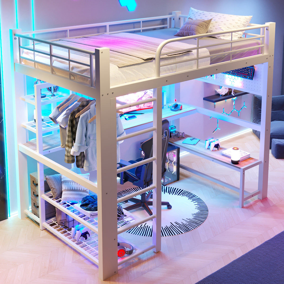 Loft Bed 140x200cm with LED, Storage Stairs & Grid, White Metal