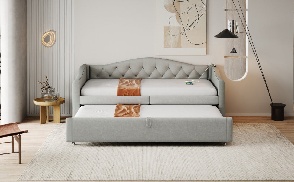 Upholstered Bed Pull-out Sofa Bed, 90 x 200 cm, USB Port, Linen Fabric, Grey