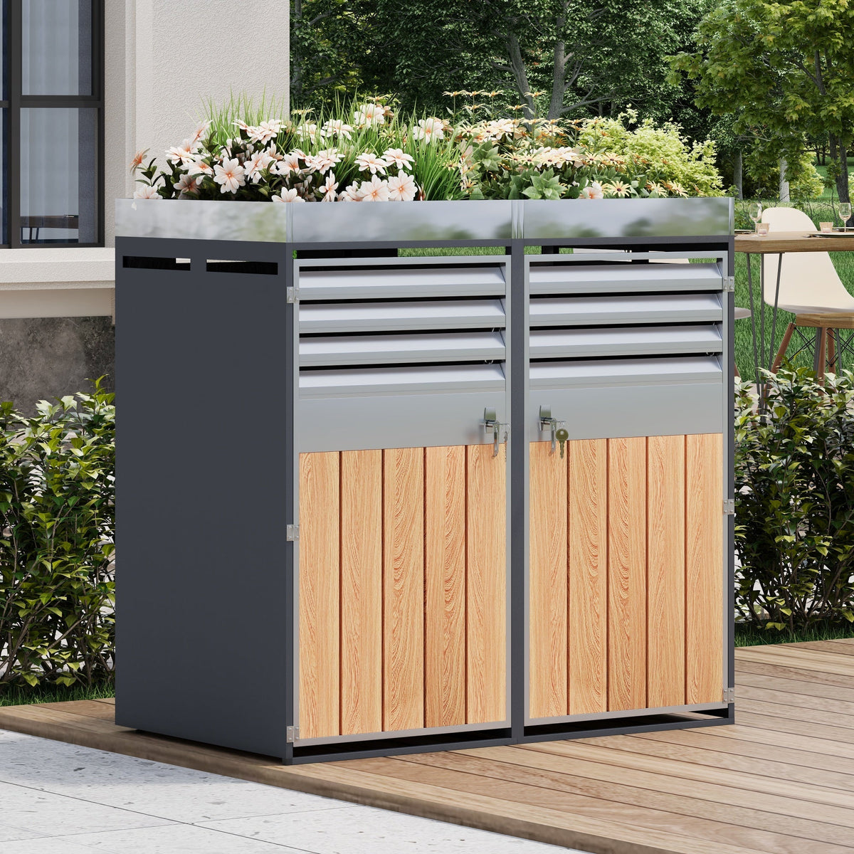 Garbage Can Enclosure with Ventilated Storage, Lockable Double Doors and Planting Area, Galvanized Steel