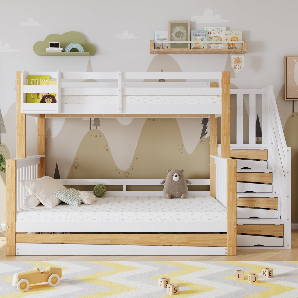 Bunk Bed, Trundle & Corner Stairs, Pine + MDF, White + Natural