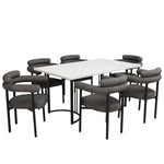 Dining Table and Chair Set (7-Piece) 6 Suede Armchairs Designer Metal Legs - Grey