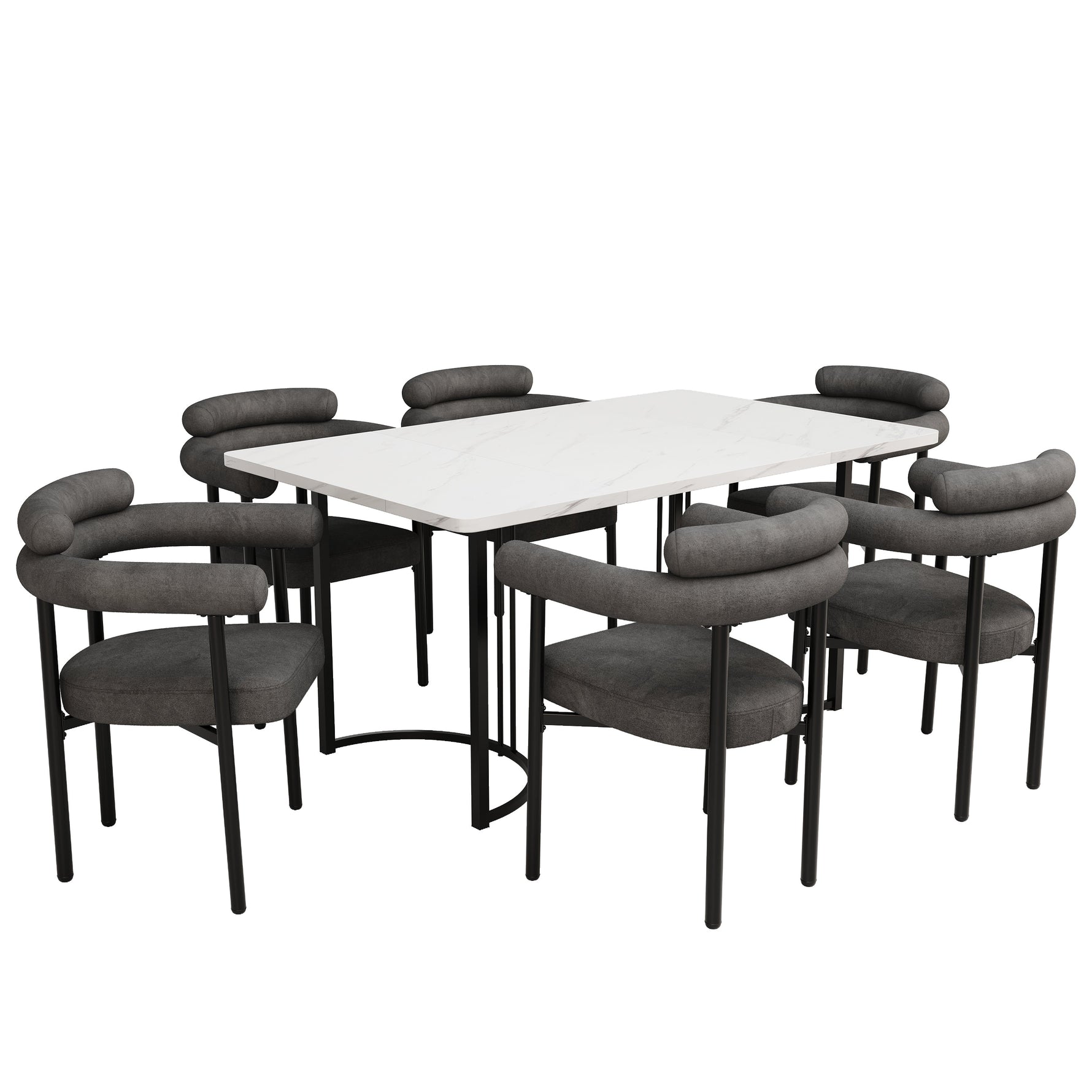 Dining Table and Chair Set (7-Piece) 6 Suede Armchairs Designer Metal Legs - Grey