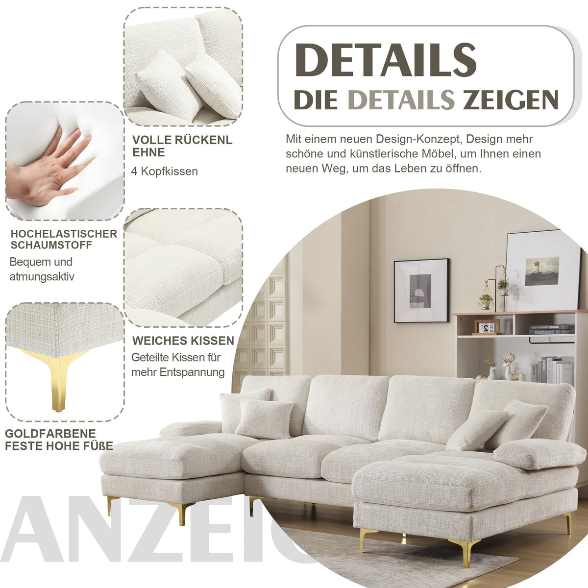 Modern Large Chenille U-Shape Sectional Sofa, Double Reclining Seats, for Living Room, Bedroom, Office, Apartment, Villa, Home, by the Fireplace