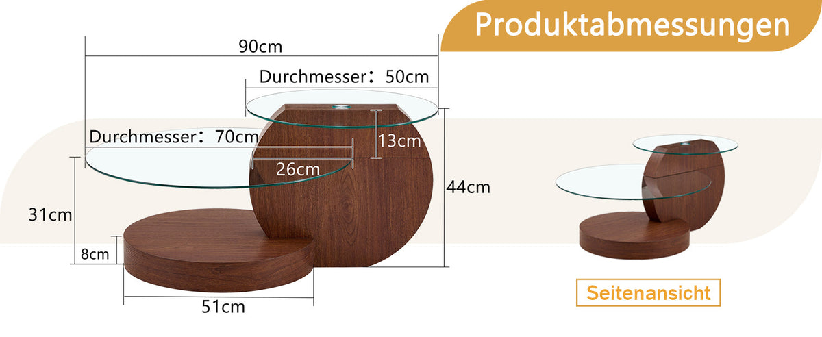 Modern Minimalist Coffee Table with Double-Layered Safety Glass and Multi-Tiered Design, Walnut Wood Grain Finish