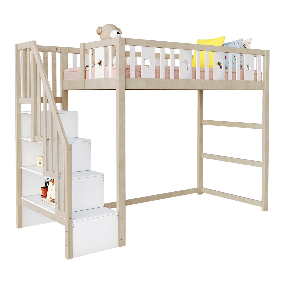 Children's Loft Bed 90*200, Storage Climbing Ladder & Safety Rails, Solid Wood
