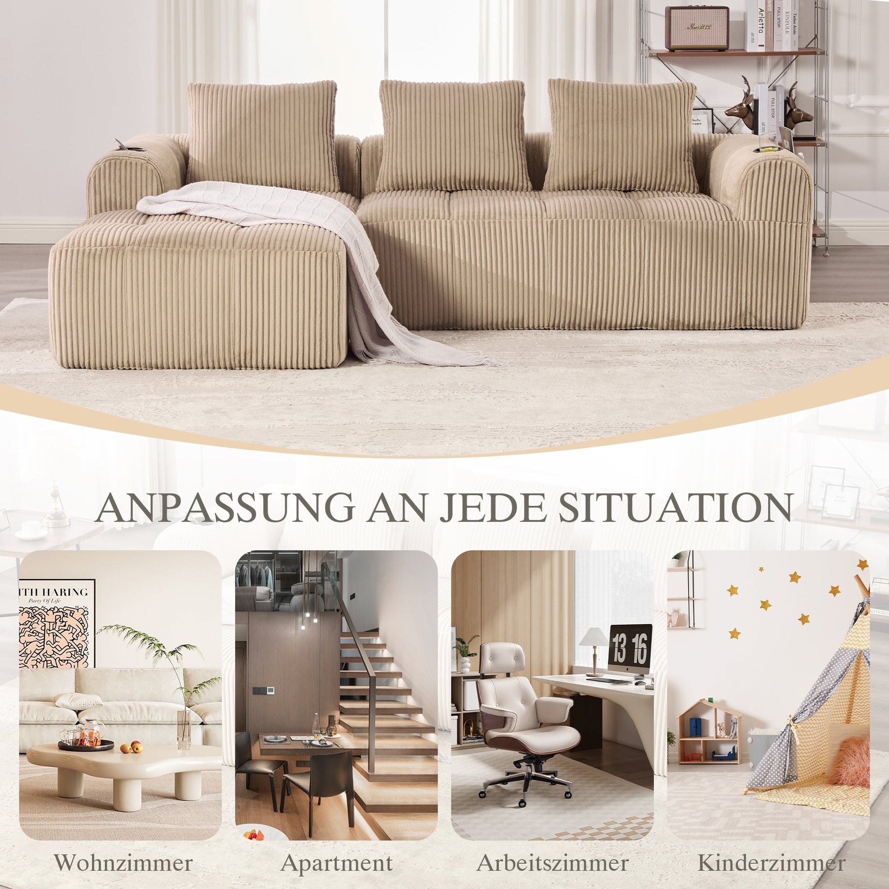Compact Sofa Modular Side Pocket Cup Holder 3 Cushions - Corduroy Khaki