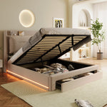 LED upholstered bed, 140 × 190 cm, hydraulic bed, 2-in-1 storage drawers at the foot of the bed, built-in LED light strips on both sides of the bed, slatted base, mattress not included, velvet, grey.