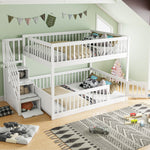 Bunk Bed 140x200, with Safety Stairs and Storage Drawers, White Wood