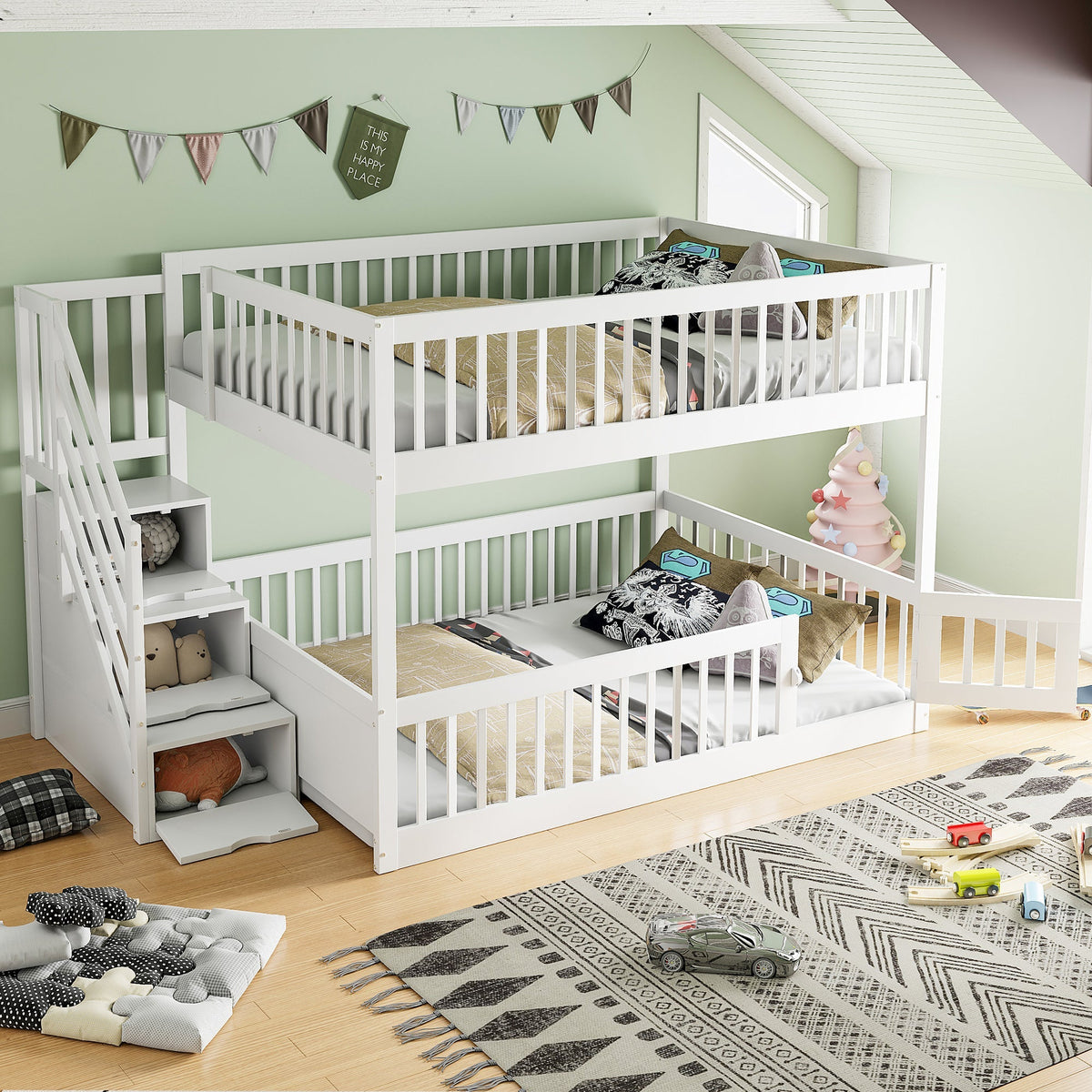Bunk Bed 140x200, with Safety Stairs and Storage Drawers, White Wood