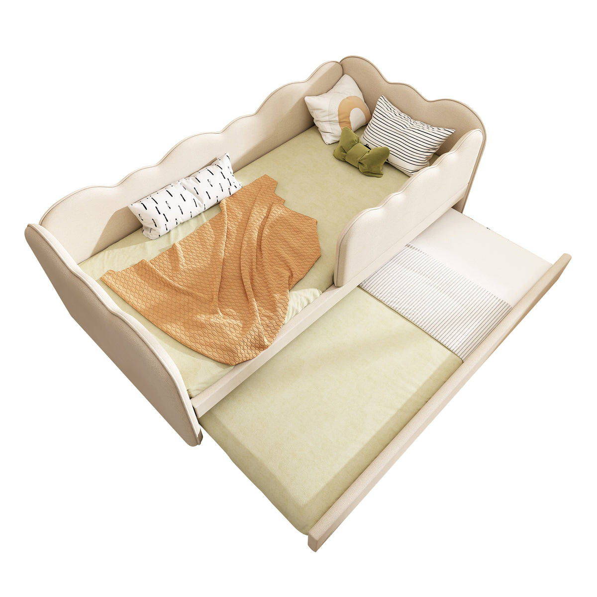 Upholstered Single Bed 90x200cm with LED & Storage, Beige Velvet