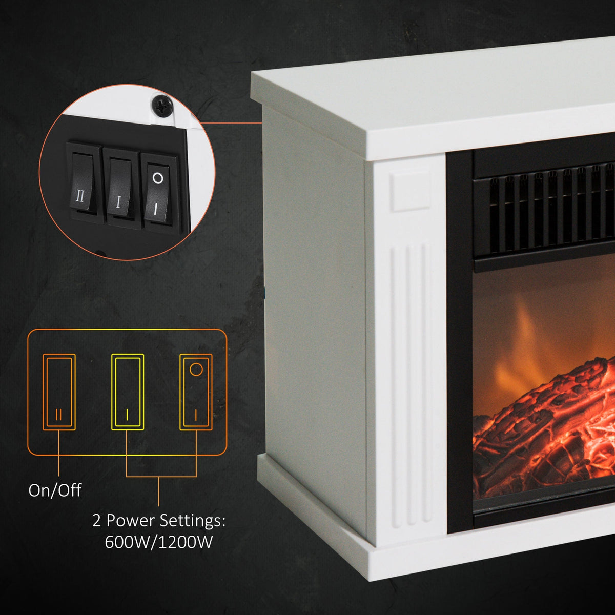 Electric Fireplace, 1200W Freestanding with Flame Effect, White