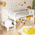 Low Loft Bed for Children with Storage Ladder and Metal Frame, 90x200cm, White