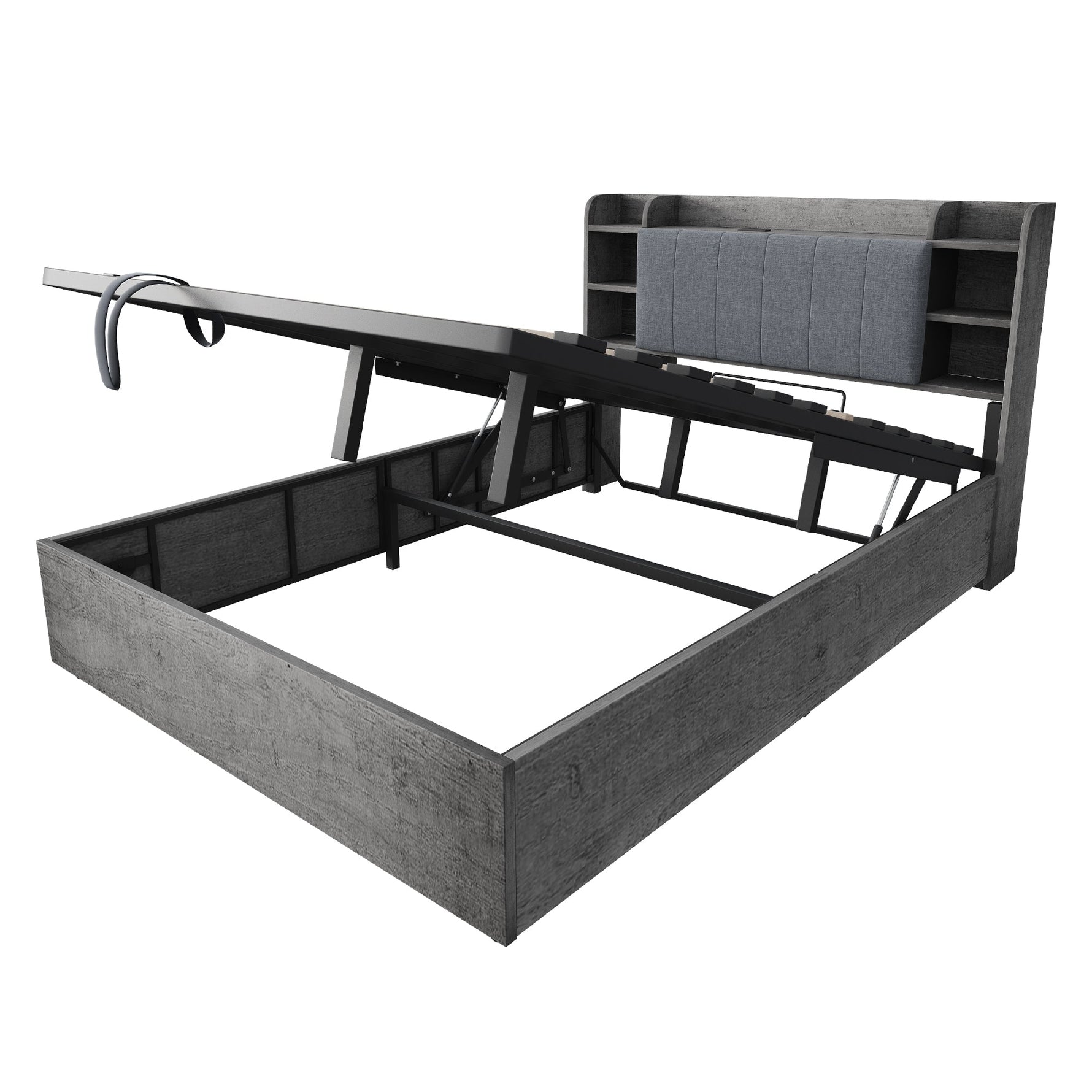 Hydraulic Bed with Storage Headboard and USB Charging, 180x200cm, Grey Wood