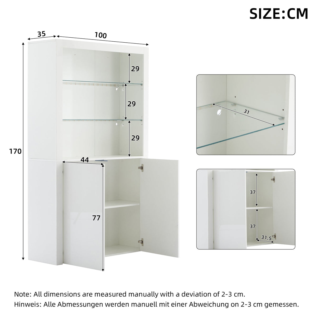 Sofa Sideboard Tall Cabinet, Display Storage with LED Lights, Tempered Glass, 100 x 35 x 170 cm, High-Gloss