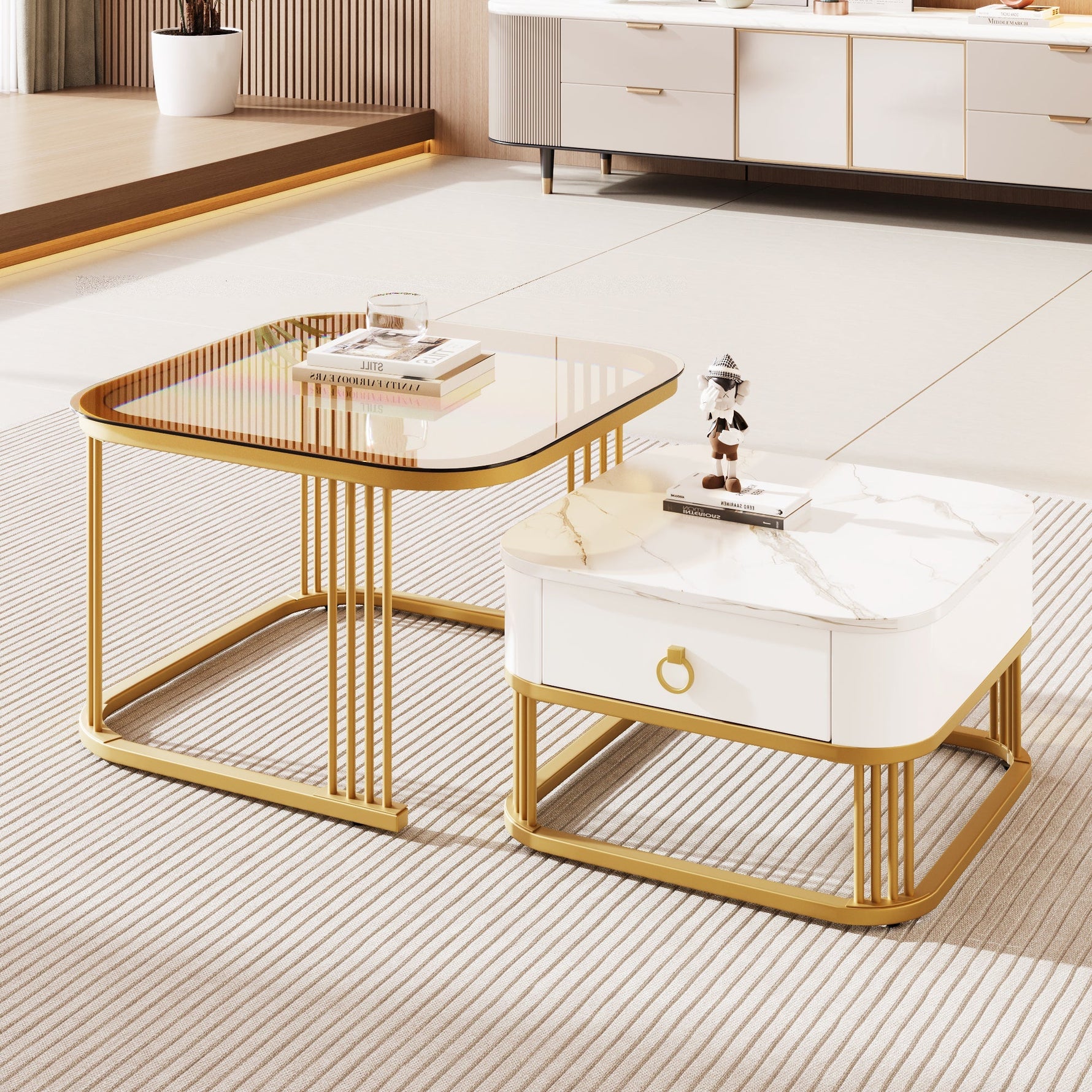 Stackable Coffee Table: High-Gloss Marble, Tea-Brown Glass, Gold Accents, Two-Piece Set