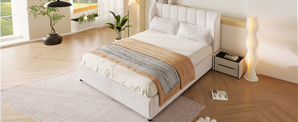 Upholstered Platform Bed 140x200cm with Slatted Base, Velvet Beige