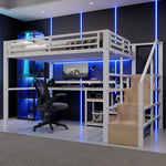 Loft Bed 140x200cm with Ladder Cabinet & LED, White Metal