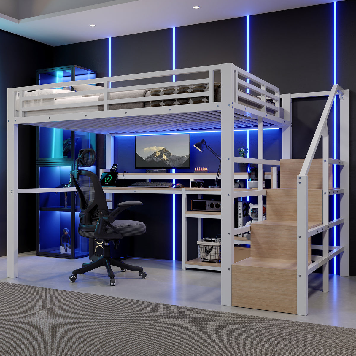 Loft Bed 140x200cm with Ladder Cabinet & LED, White Metal