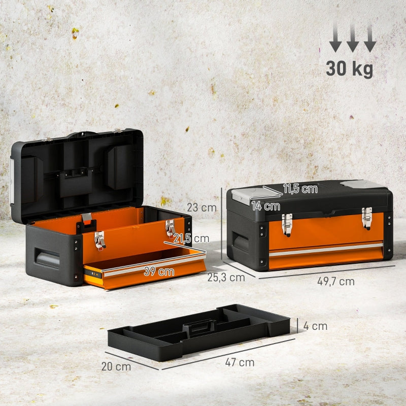 Tool Box with Drawer, Storage Compartment, Steel, Orange