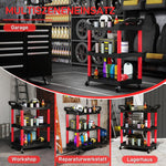 Workshop trolley 3 levels, tool trolley with handle, 91 kg load capacity, red + black