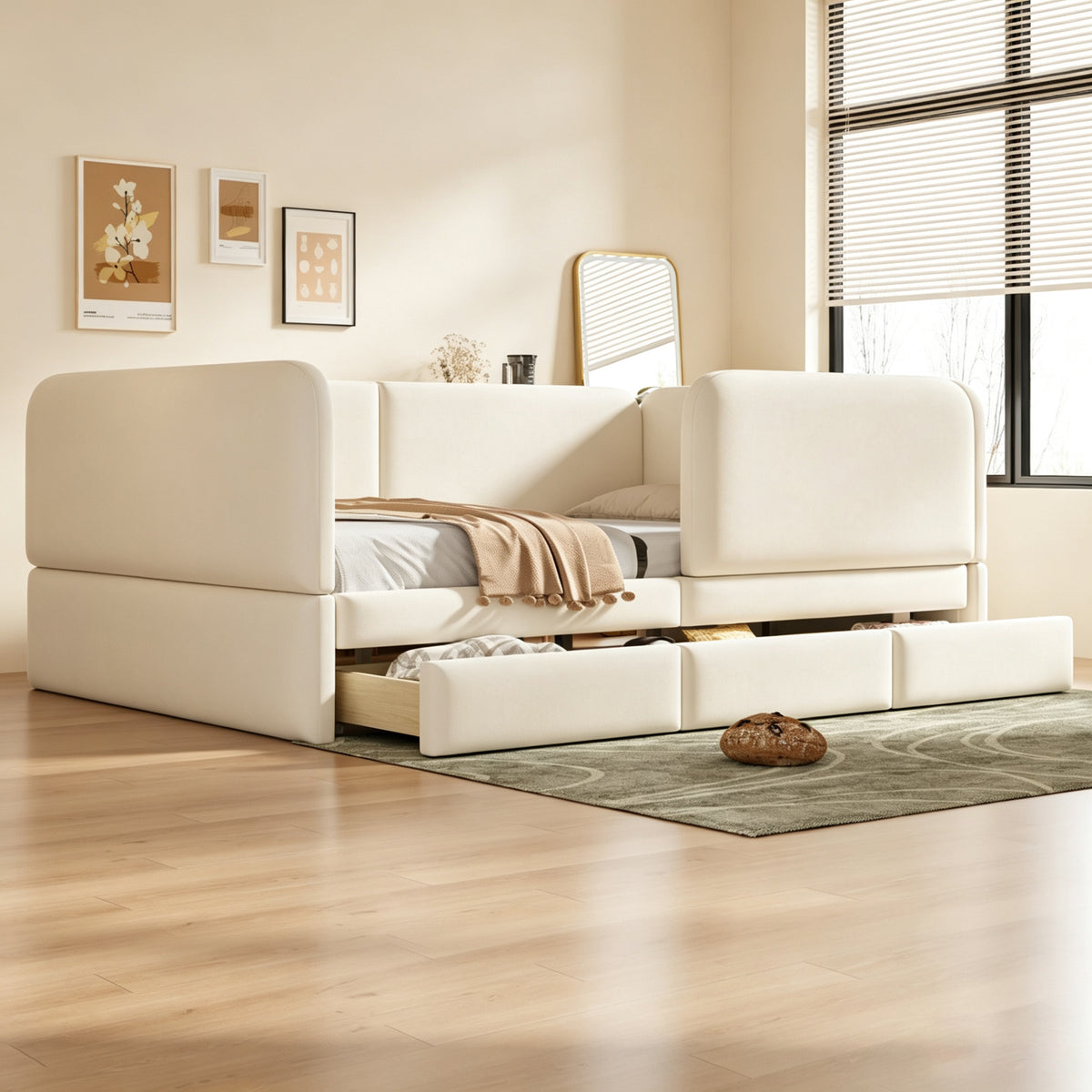 Upholstered Children's Bed 140x200cm with Drawer, Beige Velvet