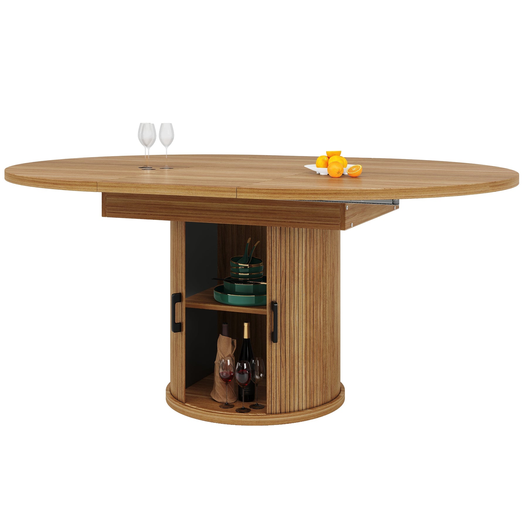 Extendable Round Dining Table, Oval Extension for 6 People, Walnut and Black