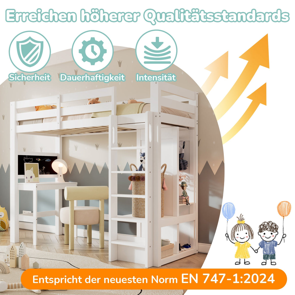 Children's Bunk Bed with Desk, Wardrobe and Shelves, 90x200cm, White