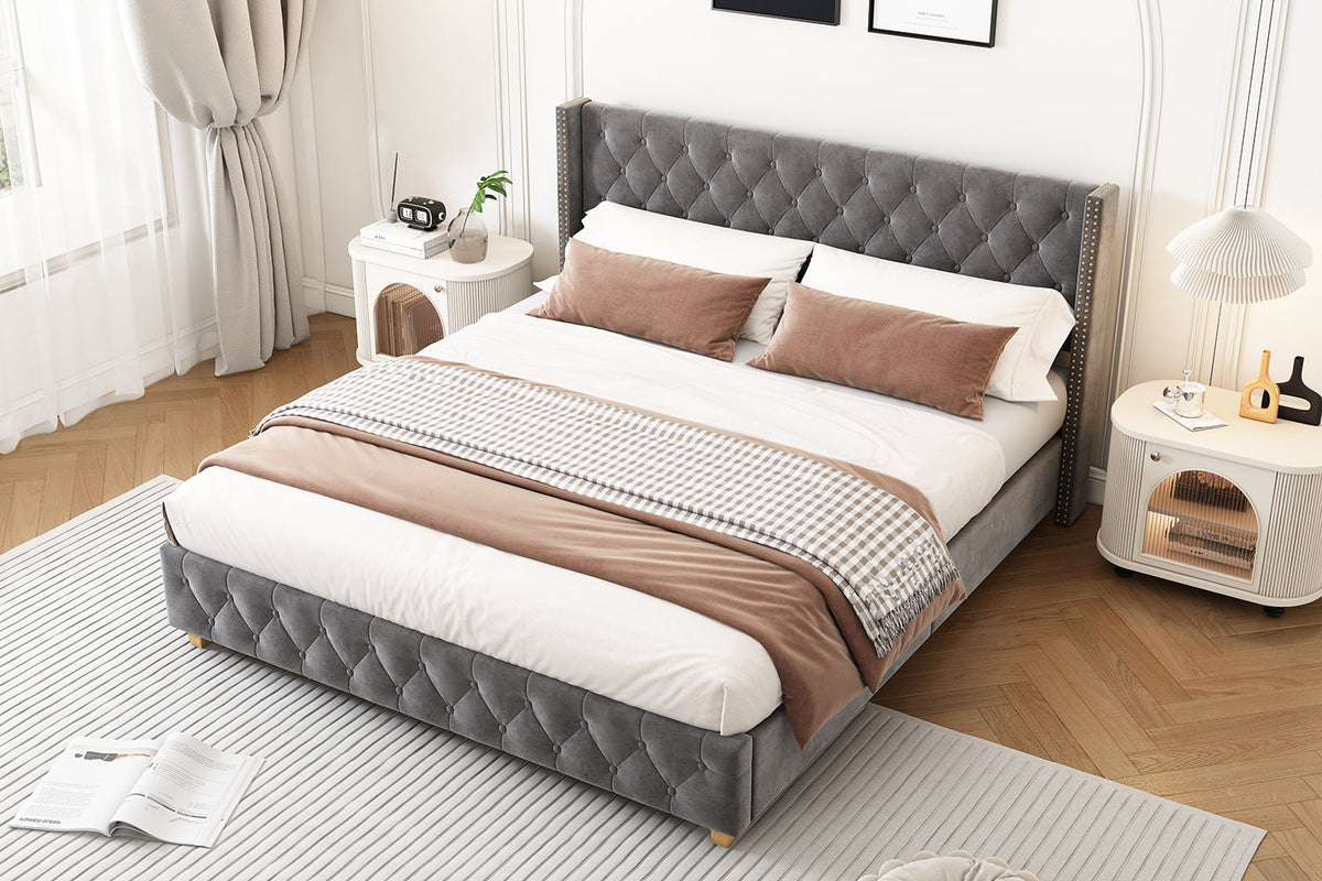 Upholstered Bed 160x200cm Button Studded Headboard Slatted Frame - Velvet Grey