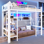 Loft Bed with Storage Compartment, LED Light Strip and Clothes Rail, White Iron Frame