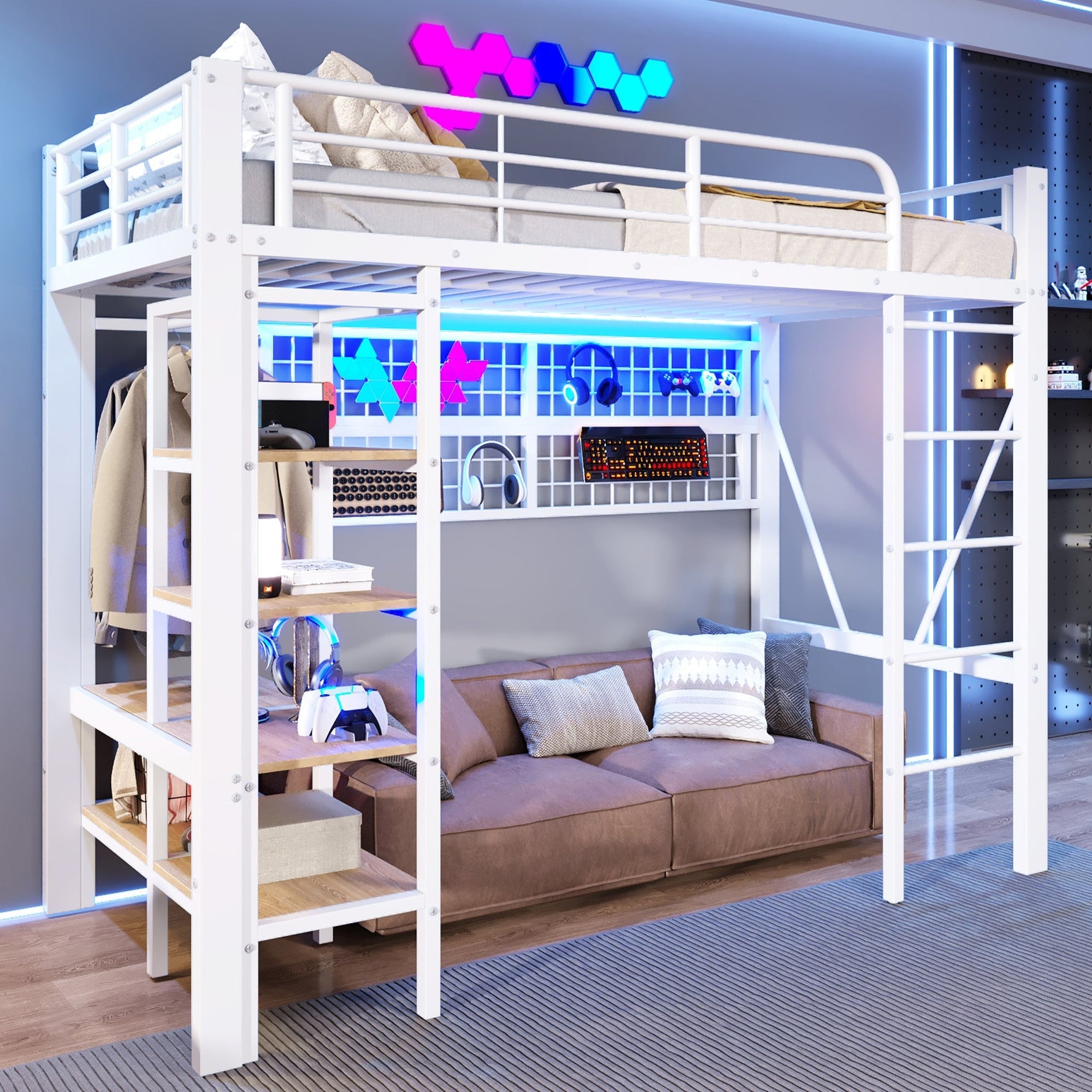 Loft Bed with Storage Compartment, LED Light Strip and Clothes Rail, White Iron Frame