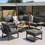 L-shaped Garden Sofa Set Weatherproof 7-Seater Corner Lounger Wooden Armrests Iron Grey/Beige